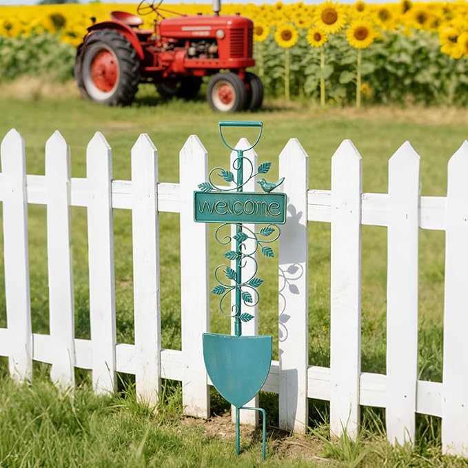 Metal Garden Art,Garden Stakes Decorative,Outdoor Welcome Stake with Shovel Design for Farmhouse, Garden Entrance, Lawn Decor