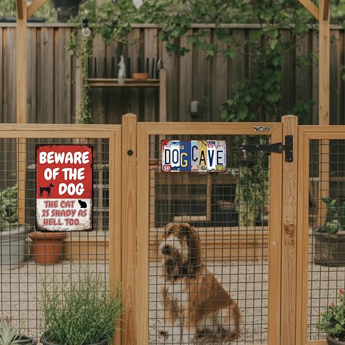 Beware of Dog Signs for Fence Funny Metal Warning Sign Yard Decor Beware of Dog The Cat Is Shady Too Tin Sign Dogs Room Decor 8x12 Inch