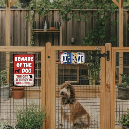 Beware of Dog Signs for Fence Funny Metal Warning Sign Yard Decor Beware of Dog The Cat Is Shady Too Tin Sign Dogs Room Decor 8x12 Inch