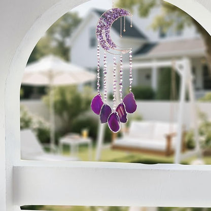 Yoption Amethyst Moon Tree of Life Agate Slice Wind Chime, Handmade Healing Crystal Stone Wind Chime for Home Wall Garden Decorative Ornament, Unique Gift