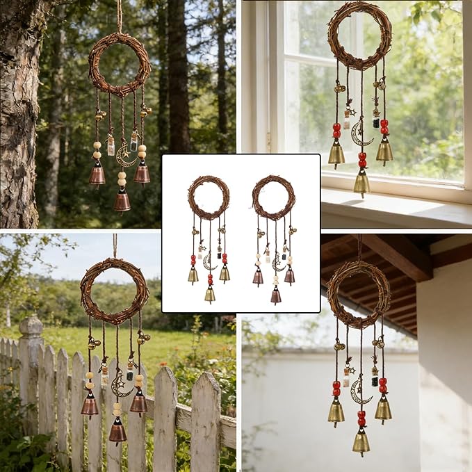 2 Pieces Witch Bells for Door Knob for Protection Hanging Bell Wind Chimes Handmade Decorative Bell for Boho Home Room Witchy Decor (Retro red)
