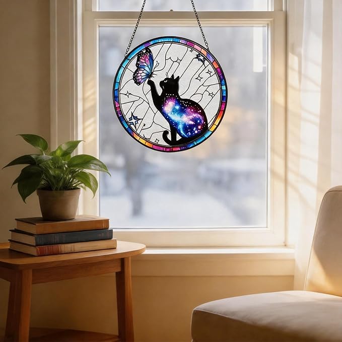 Stained Glass Sun Catcher,Cat and Butterfly Glass Window Hanging Garden Decor,Sun Catchers Indoor Window,Whimsical Decoration for Home Backyard Patio Lawn Porch with 7.9 INCH