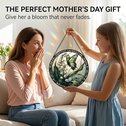 Butterfly Gifts for Mom - Lily of the Valley Faux Stained Glass Window Hanging Sun Catcher for Door Garden Acrylic Decor Mother's Day Christmas May Gift for Women Nana Grandma Sisters Wife 7.8"