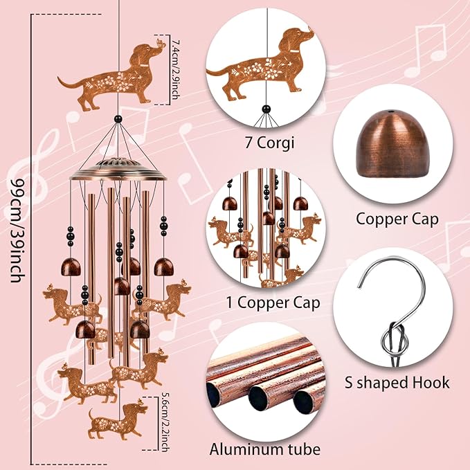 Dachshund Wind Chimes for Outside - Dachshund Weiner Dog Gifts for Women Men, Dog Memorial Wind Chimes for Outdoor Garden Patio Yard Decor, Houswarming Mother's Day Christmas Birthday Gifts