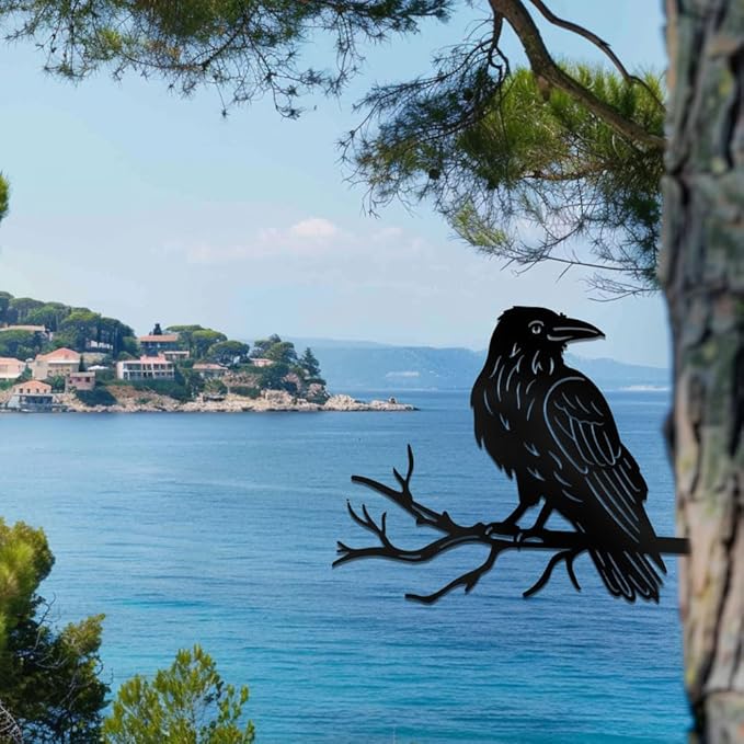 WADORN Crow Raven on Branch Metal Yard Art Decor, Bird on Branch Outdoor Tree Silhouette Stake for Tree Yard Garden Patio Animal Outdoor Decor Gift for Housewarming Home Art Decor