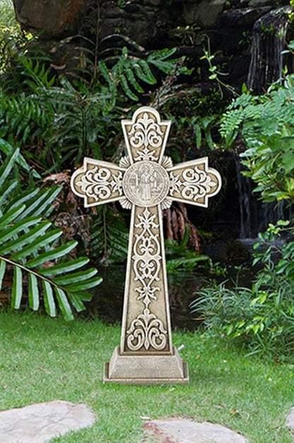 Avalon Gallery Saint Benedict of Nursia Stoneresin Garden Cross Statue, 24 Inch