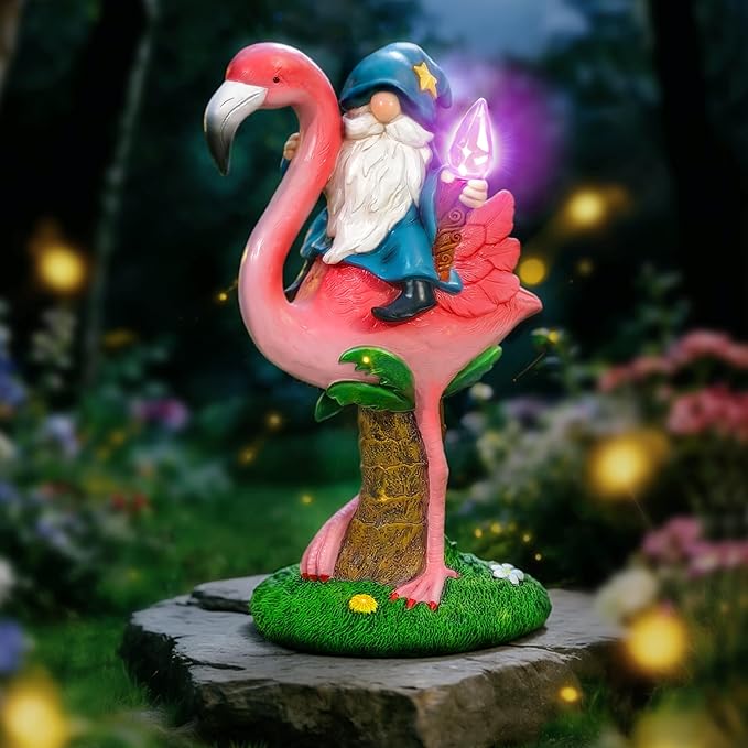 Flamingo Gnome Solar Outdoor Statue - Garden, Yard, Lawn, Patio Decor - Unique Birthday Housewarming Gift for Women, Mom, Grandma