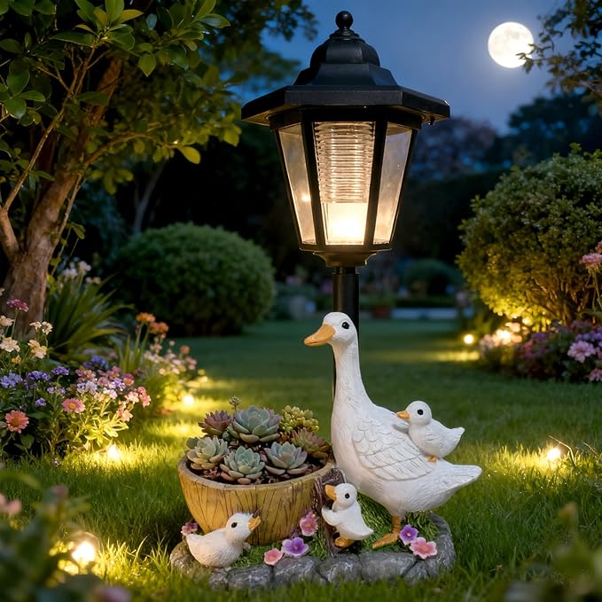 Garden Duck Statues with Solar Lantern Flowerpot Outdoor Decoration, Duck Figurines of resin Art Sculptures for Patio Lawn Backyard Porch Ornaments Unique Housewarming Birthday Gifts for Women Mom