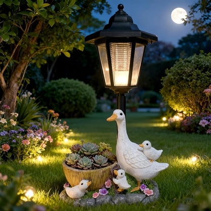 Garden Duck Statues with Solar Lantern Flowerpot Outdoor Decoration, Duck Figurines of resin Art Sculptures for Patio Lawn Backyard Porch Ornaments Unique Housewarming Birthday Gifts for Women Mom