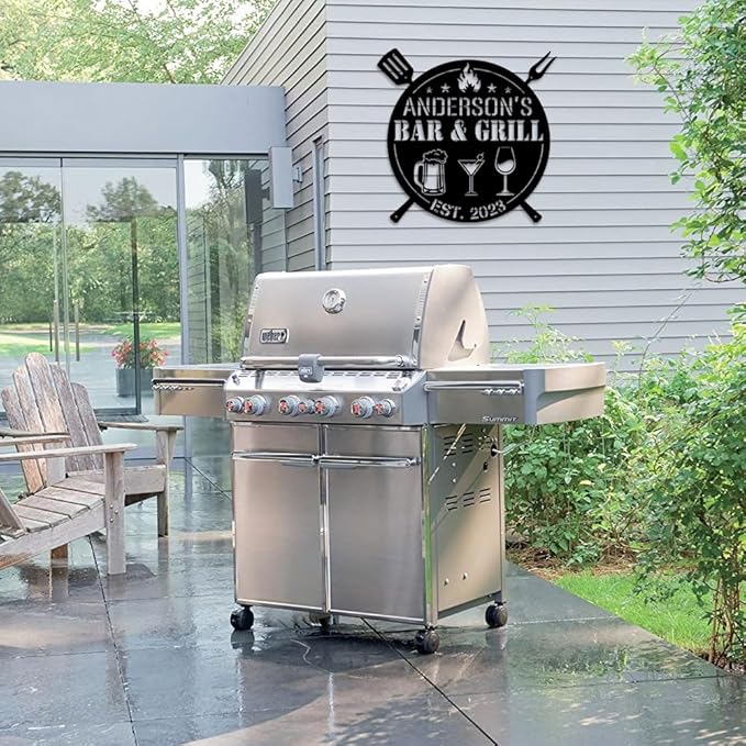 MeMate Bar & Grill Signs,Large Metal Sign Outdoor,BBQ Zone Sign,Grill to Personalize,Personalized Barbecue Signs Kitchen Decor,Custom Name Outdoor Plaques for Backyard Oasis Patio,Bar & Grill (Black)