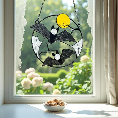 Stained Enamel and Metal Bat Moon Suncatcher Window Panel Wall Hanging Ornaments Halloween Horror Home Decorations