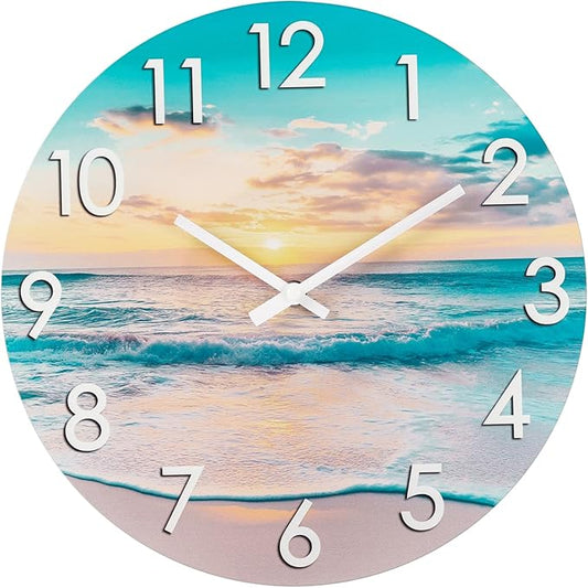 12 Inch Outdoor Clock Waterproof – Tempered Glass Wall Clock with Stunning Sunset Beach & Sand Scene, UV Resistant Coastal Decor for Patio, Pool, Garden, Porch & Bathroom