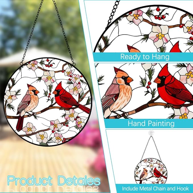 Cardinal Stained Glass Suncatcher Window Hanging - 8″ Handmade Red Bird Suncatchers for Windows Hanging - Sun Catchers Indoor Wall Decor Glass Panel with Hook -Cardinal Gift for Women Mom Bird Lovers