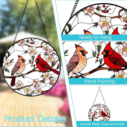 Cardinal Stained Glass Suncatcher Window Hanging - 8″ Handmade Red Bird Suncatchers for Windows Hanging - Sun Catchers Indoor Wall Decor Glass Panel with Hook -Cardinal Gift for Women Mom Bird Lovers