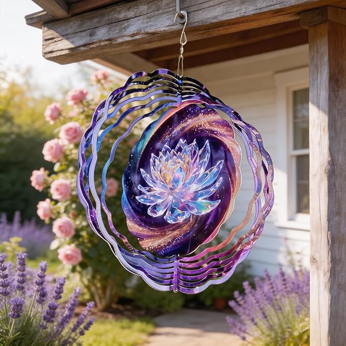 10x10 Crystal Lotus Flower Spinning Wind Chime Rainbow Galaxy Wind Spinner Outdoor Garden Decor Crystal Chimes Mother's Day Housewarming Gift