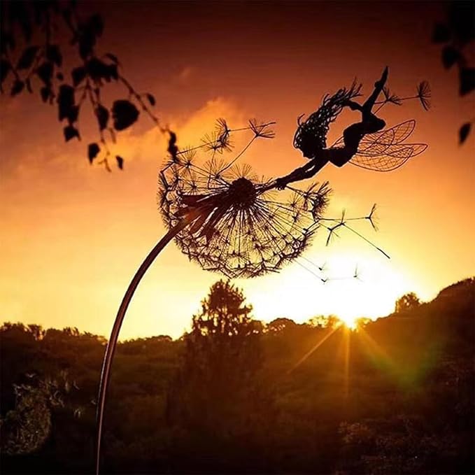 Flower Fairy Dancing with Dandelion, Fairy Garden Sculptures, Angel Metal Ornaments Gardens Art Sculpture, Stainless Steel Statue Garden Ornaments Art Decorations for Outdoor Yard Lawn Patio (E_flat)