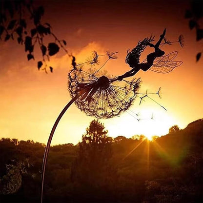 Flower Fairy Dancing with Dandelion, Fairy Garden Sculptures, Angel Metal Ornaments Gardens Art Sculpture, Stainless Steel Statue Garden Ornaments Art Decorations for Outdoor Yard Lawn Patio (E_flat)