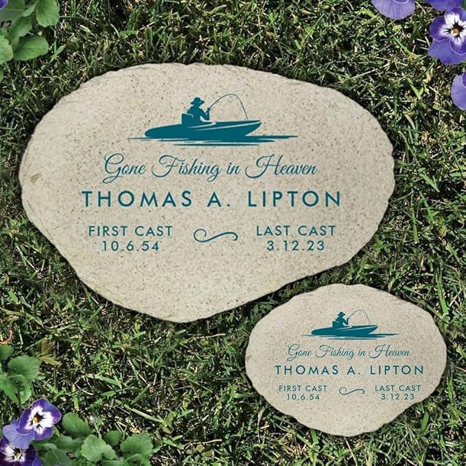 GiftsForYouNow Gone Fishing in Heaven Personalized Memorial Garden Stone, Flat UV Resin Stone, Measures 11.25" W x 7.75" H, Fisherman Memorial, Grandpa, Dad, Last Cast