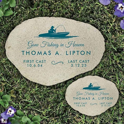 GiftsForYouNow Gone Fishing in Heaven Personalized Memorial Garden Stone, Flat UV Resin Stone, Measures 11.25" W x 7.75" H, Fisherman Memorial, Grandpa, Dad, Last Cast