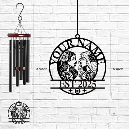 Personalized Customize Name 12 Zodiac Signs Wind Chime, Metal Iron 37 Inch Outdoor Memorial Gift for Garden Yard Patio Home Decor, Black (Gemini)