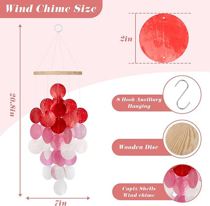 Wind Chimes for Outside, Handcrafted Capiz Shells Windchime Coastal Style Decor for Indoor/Outdoors, Garden Decors, Great Gift for Women, Beach Hanging Decor, Wind Chimes Lovers (Red Pink Gradient)