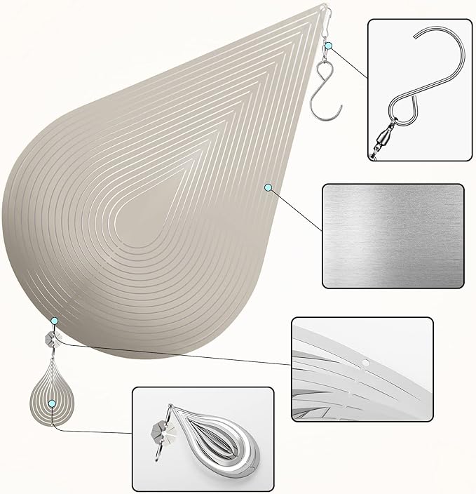 Wind Spinners, 2× 3D Stainless Steel Outdoor Hanging Wind Spinner, 2× Metal Pendants and 3× 360° Rotating Hooks with Wirerope, Reflective Decor for Outside Yard and Garden (Shape No.1)