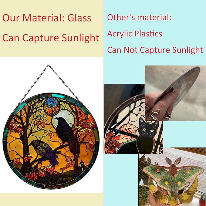 Crow Pattern Suncatcher Stained Glass,Hanging Stained Glass for Windows for Bird Lovers,20cm/7.87inch Sun Catcher Garden Hangings Ornaments Halloween Fall Christmas Decor for Home