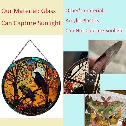 Crow Pattern Suncatcher Stained Glass,Hanging Stained Glass for Windows for Bird Lovers,20cm/7.87inch Sun Catcher Garden Hangings Ornaments Halloween Fall Christmas Decor for Home