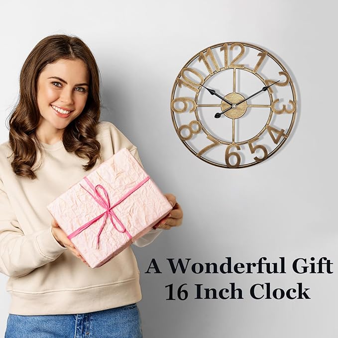 Large Outdoor Clock, 16 Inch Kitchen Wall Clock Silent Non-Ticking Battery, Retro Vintage Gold Metal Decorative Clock for Outdoor Patio, Farmhouse, Living Room, Office