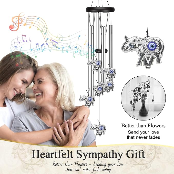 Angel Wind Chimes for Outside, Elephant Gifts for Women, Outdoor/Indoor Decorations for Patio, Porch, Garden Decor, and Backyard (Evil Eye Elephant)