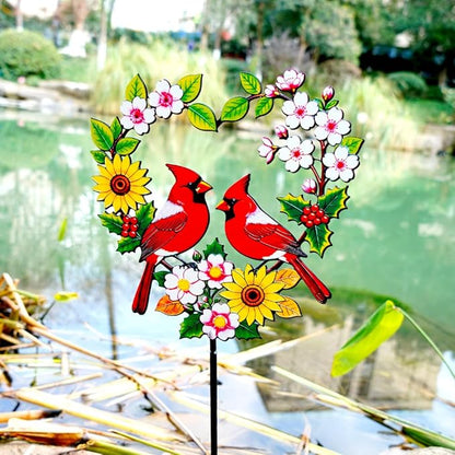 Decorative Garden Stakes Metal Red Cardinal - Heart Shaped Pair of Red Birds with Flowers 24 Inch Colorful Yard Decor, Outdoor Lawn Ornament(Cardinal Couple)