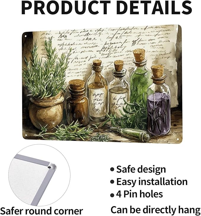 Cafemira Metal Signs,Vintage Collage of Herbs & Apothecary Jars,Charm tin sign Art Wall Decor,For Living Room,office,studio,cafe,Garden,Yard,Patio,unique artistic plaque poster,8x12 Inch