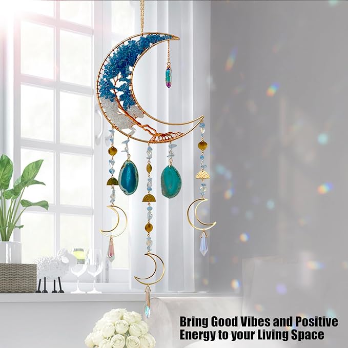 Moon Wind Chimes with Handcrafted Crystal Tree for Home Wall Decor Aesthetic, Dorm Wall Decor, Iridescent Décor, Crystal Sun Catchers, Unique Gift for Women, Teen Girl Gift