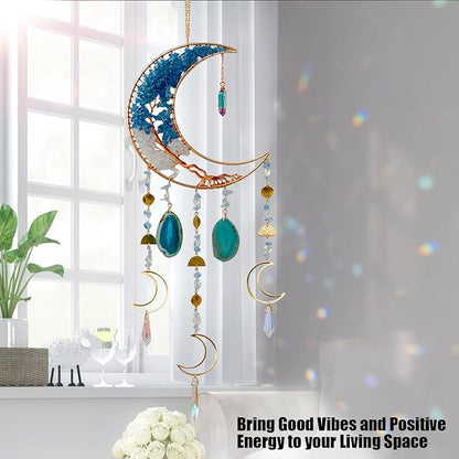 Moon Wind Chimes with Handcrafted Crystal Tree for Home Wall Decor Aesthetic, Dorm Wall Decor, Iridescent Décor, Crystal Sun Catchers, Unique Gift for Women, Teen Girl Gift