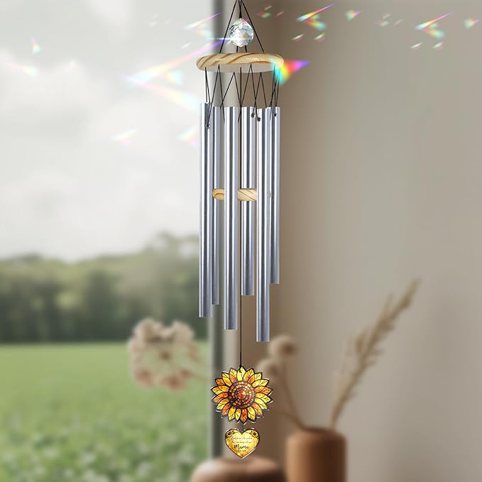 Personalized Memorial Sunflower Wind Chimes for Outside, Custom Crystal Memory Suncatcher Ornament, Sympathy Gift for Loss of Mother Father, in Loving Memory Windchimes, Mother's Day Garden Décor