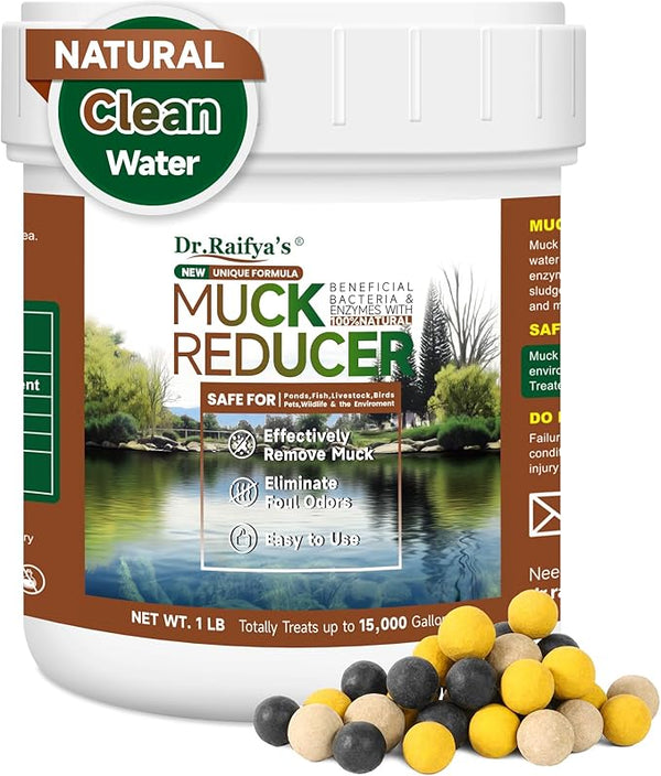 Dr. Raifya's Muck Reducer–Natural Pond Sludge & Water Fountain Clarifier, Beneficial Bacteria Safe for Fish & Wildlife, Remove Muck in Koi Ponds, Bird Baths, Fountains & Turtle Ponds, Easy to Use–1 LB