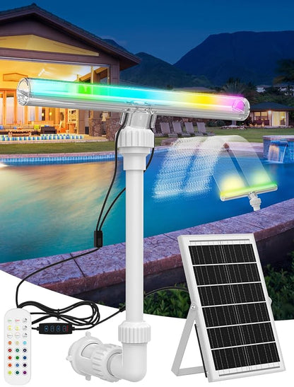 Solar Pool Fountain with 15-Color LED Lights, Adjustable Water Pressure & Angle, Fun Pool Sprinkler Waterfall for Above & Inground Pools, Ponds & Outdoor Decorations