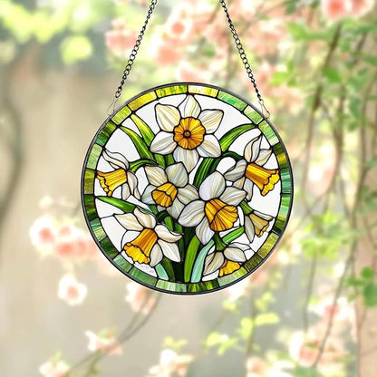 Stained Glass Window Hanging, Daffodil Flowers Sun Catchers Glass Panel Hangings Suncatcher Decor Spring Garden Gift for Women 7.8 in