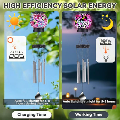 VOREEN Solar Wind Chimes for Outdoor, Handmade Mosaic Glass Solar Light Outdoor Waterproof Lantern, Gift for Mom Wife Friend, Window Decor for Patio Yard Balcony, with Flowers & Bees, 29" Pink