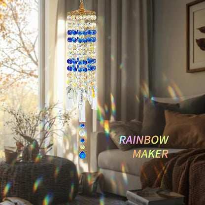 Crystal Wind Chimes for Outside with Rainbow Light Reflections Glass Bells and Rose Gold Alloy Hooks Indoor Outdoor Decor for Home Garden Patio Porch Birthday House Warming (Blue)