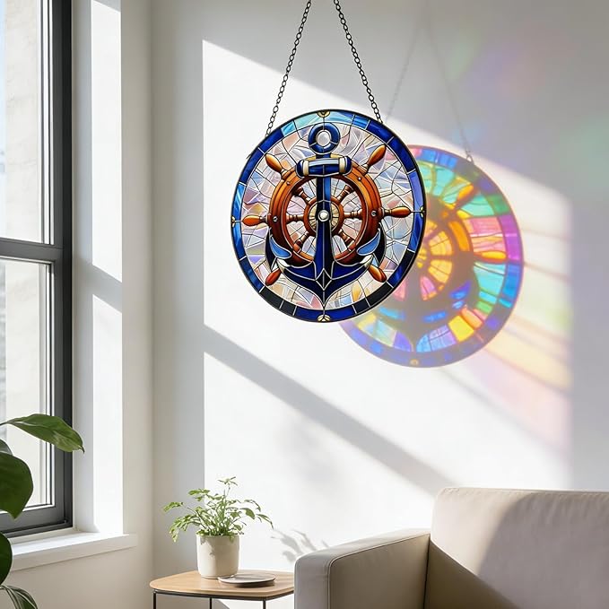 Nautical Stained Glass Anchor & Helm Suncatcher, Window/Door Decor for Coastal - Style Homes, Ideal Gift for Sea Lovers, Grandma, Girlfriend
