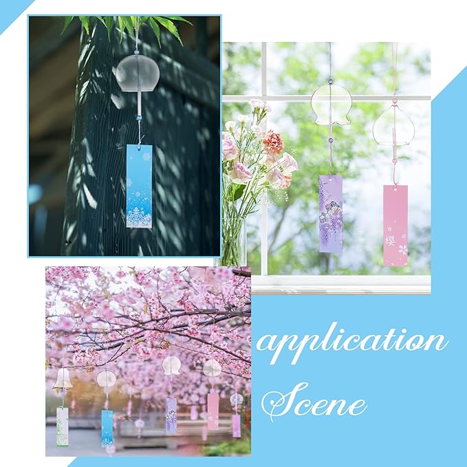 BENECREAT 4Pcs 4 Colors Japanese Wind Chimes, Handmade Glass Wind Bells Pendant for Home Garden Wedding Indoor Outdoor Decoration, About 16" Long