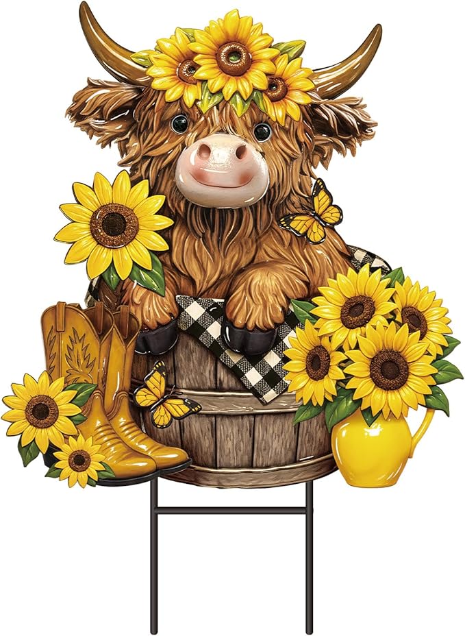 Amyhill Highland Cow Outdoor Decor Metal Garden Stakes Summer Sunflowers Yard Signs Farmhouse Floral Cattle Waterproof Lawn Sign Outdoor Decorations for Summer Holiday Garden Lawn Decor