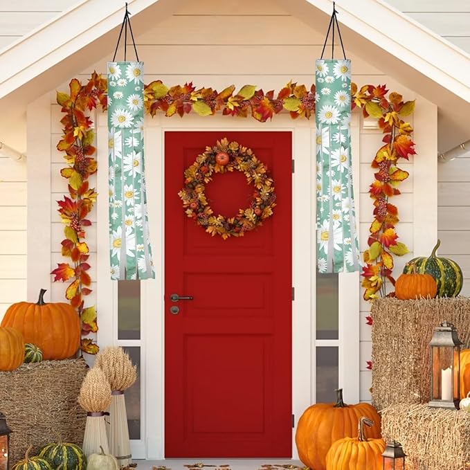 Daisy Fence Windsocks Print Outdoor Hanging Decorations for Front Yard Patio Lawn Garden Party Autumn Thanksgiving Decor 2 Pieces