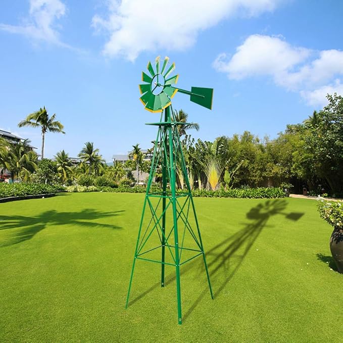 Metal Windmill for Garden Yard Decor, 8ft Tall Windmill Pinwheels Outdoor with Spinning Blades, Weather Vanes Lawn Ornaments, Weather-Resistant, Green