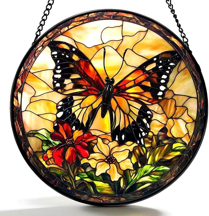Stained Glass Window Hanging - Butterfly Red Flowers Yellow Flowers 6.3 Inches Suncatcher for Garden Home Decor for Women Mon Grandma Friends