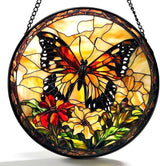 Stained Glass Window Hanging - Butterfly Red Flowers Yellow Flowers 6.3 Inches Suncatcher for Garden Home Decor for Women Mon Grandma Friends
