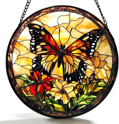 Stained Glass Window Hanging - Butterfly Red Flowers Yellow Flowers 6.3 Inches Suncatcher for Garden Home Decor for Women Mon Grandma Friends