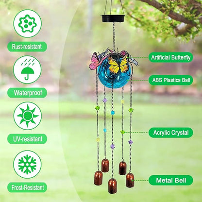 Butterfly Wind Chimes for Outside,Plastic Ball Dangle Solar Lights Outdoor,Waterproof Hanging Yard Decorations for Garden,Patio,Porch