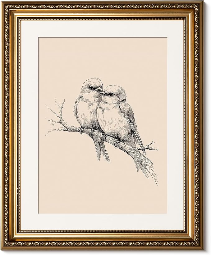 ARPEOTCY Vintage Gold Framed Wall Art, Sketch Birds in Love on a Branch Paintings, Canvas Prints Artwork with Antique Frame, Wall Picture Decor for Bedroom Gallery Living Room, 13x16 inch